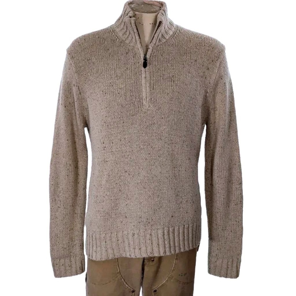 Polo Ralph Lauren Mens Vintage Beige Flecked 1/4 Zip Sweater Suede Elbow L EUC
